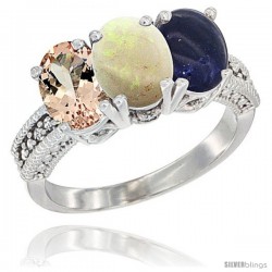 14K White Gold Natural Morganite, Opal & Lapis Ring 3-Stone Oval 7x5 mm Diamond Accent