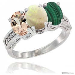 14K White Gold Natural Morganite, Opal & Malachite Ring 3-Stone Oval 7x5 mm Diamond Accent