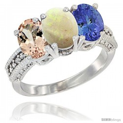 14K White Gold Natural Morganite, Opal & Tanzanite Ring 3-Stone Oval 7x5 mm Diamond Accent