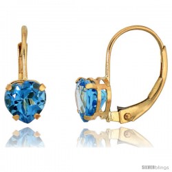 10k Yellow Gold Natural Blue Topaz Heart Leverback Earrings 6mm December Birthstone, 9/16 in tall