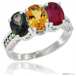 10K White Gold Natural Mystic Topaz, Citrine & Ruby Ring 3-Stone Oval 7x5 mm Diamond Accent