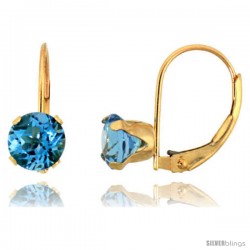 10k Yellow Gold Natural Blue Topaz Leverback Earrings 6mm Brilliant Cut December Birthstone, 9/16 in tall