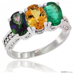 10K White Gold Natural Mystic Topaz, Citrine & Emerald Ring 3-Stone Oval 7x5 mm Diamond Accent