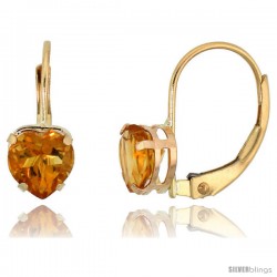 10k Yellow Gold Natural Citrine Leverback Heart Earrings 6mm November Birthstone, 9/16 in tall