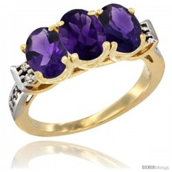 10K Yellow Gold Natural Amethyst Ring 3-Stone Oval 7x5 mm Diamond Accent