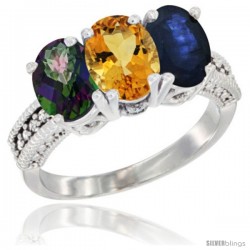 10K White Gold Natural Mystic Topaz, Citrine & Blue Sapphire Ring 3-Stone Oval 7x5 mm Diamond Accent