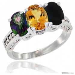 10K White Gold Natural Mystic Topaz, Citrine & Black Onyx Ring 3-Stone Oval 7x5 mm Diamond Accent