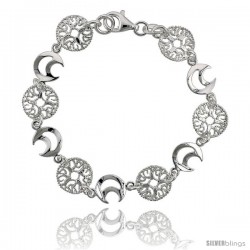 Sterling Silver 7 in. Round Filigree & Crescent Moon Cut Out Bracelet, 7/16 in. (11 mm) wide