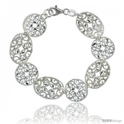 Sterling Silver 6.75 in. Round & Oval Floral Filigree Bracelet, 5/8 in. (16 mm) wide