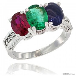 10K White Gold Natural Ruby, Emerald & Lapis Ring 3-Stone Oval 7x5 mm Diamond Accent