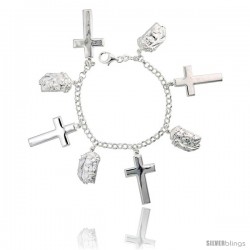 Sterling Silver Charm Bracelet w/ Crosses & Jesus with Crown of Thorns, 1 1/16" (27 mm) wide