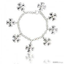 Sterling Silver Heart on Maltese Cross Charm Bracelet, 15/16" (24 mm) wide