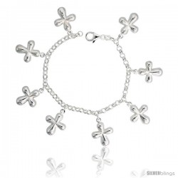 Sterling Silver Curvy Cross Charm Bracelet, 1" (25 mm) wide