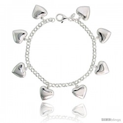 Sterling Silver Charm Bracelet with Puffy Hearts, 5/8" (16 mm) wide