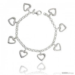 Sterling Silver Charm Bracelet with Cut-Out Hearts, 11/16" (18 mm) wide