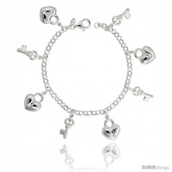 Sterling Silver Key to My Heart Charm Bracelet, 3/4" (20 mm) wide