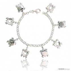 Sterling Silver Heart-shaped Turtle Charm Bracelet, 7/8" (22 mm) wide