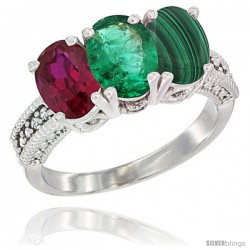 10K White Gold Natural Ruby, Emerald & Malachite Ring 3-Stone Oval 7x5 mm Diamond Accent