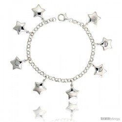 Sterling Silver Charm Bracelet w/ Puffy Stars, 11/16" (17 mm) wide