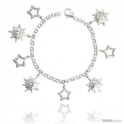 Sterling Silver Charm Bracelet w/ Puffy Stars Cut-Outs & Sun Pendants, 7/8" (23 mm) wide