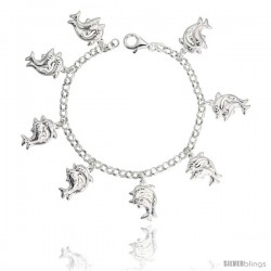 Sterling Silver Double Dolphin Charm Bracelet, 7/8" (22 mm) wide