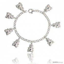 Sterling Silver Teddy Bear Charm Bracelet, 3/4" (19 mm) wide