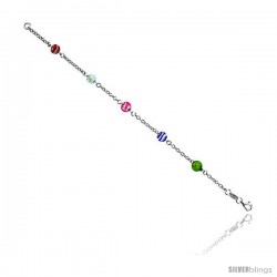Sterling Silver Italian Charm Bracelet w/ Green, Blue, Pink, White & Orange Venetian Murano Glass Beads, 1/4" (6 mm) wide