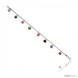 Sterling Silver Italian Rolo Link Bracelet, w/ White, Pink, Green, Red, Blue, Black & Orange Murano Glass Beads, 1/4" (6 mm)