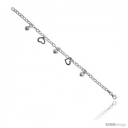 Sterling Silver Italian Oval Link Bracelet, w/ Murano Glass Beads & Heart Shape Pendants, 9/16" (14 mm) wide