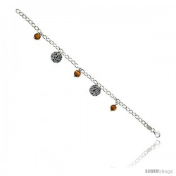 Sterling Silver Italian Oval Link Bracelet, w/ Gold-colored Murano Glass Beads & Disc Pendants, 9/16" (14 mm) wide