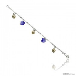 Sterling Silver Italian Charm Bracelet w/ Swarovski Crystals & Pearls Flower Pendants, 3/4" (19 mm) wide