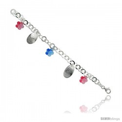 Sterling Silver Italian Charm Bracelet w/ Swarovski Crystal Flower Pendants, 1" (25 mm) wide