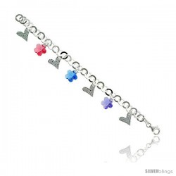 Sterling Silver Italian Charm Bracelet, w/ Hearts & Swarovski Crystal Flower Pendants, 3/4" (19 mm) wide