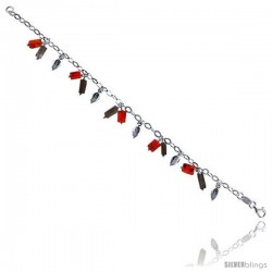 Sterling Silver Italian Charm Bracelet, w/ Dangling Leaves and Natural Carnelian & Smoky Topaz Stones 1/2" (13 mm) wide