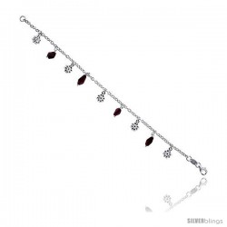 Sterling Silver Italian Charm Bracelet, w/ Dangling Flower Pendants and Natural Garnet Stones, 1/2" (12 mm) wide