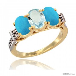 10K Yellow Gold Natural Aquamarine & Turquoise Sides Ring 3-Stone Oval 7x5 mm Diamond Accent