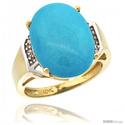 10k Yellow Gold Diamond Sleeping Beauty Turquoise Ring 9.7 ct Large Oval Stone 16x12 mm, 5/8 in wide