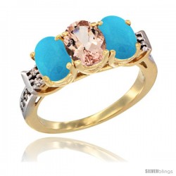 10K Yellow Gold Natural Morganite & Turquoise Sides Ring 3-Stone Oval 7x5 mm Diamond Accent