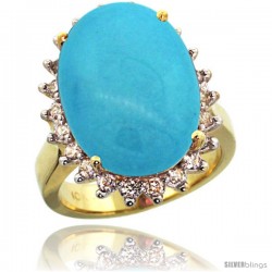 10k Yellow Gold Diamond Halo Sleeping Beauty Turquoise Ring 10 ct Large Oval Stone 18x13 mm, 7/8 in wide