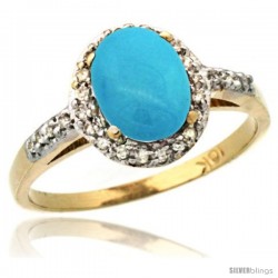 10k Yellow Gold Diamond Sleeping Beauty Turquoise Ring Oval Stone 8x6 mm 1.17 ct 3/8 in wide