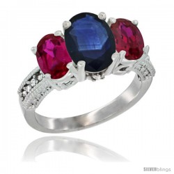 10K White Gold Ladies Natural Blue Sapphire Oval 3 Stone Ring with Ruby Sides Diamond Accent