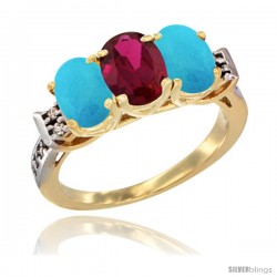 10K Yellow Gold Natural Ruby & Turquoise Sides Ring 3-Stone Oval 7x5 mm Diamond Accent