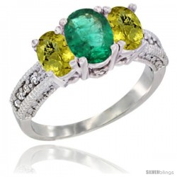 10K White Gold Ladies Oval Natural Emerald 3-Stone Ring with Lemon Quartz Sides Diamond Accent