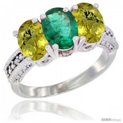 10K White Gold Natural Emerald & Lemon Quartz Sides Ring 3-Stone Oval 7x5 mm Diamond Accent