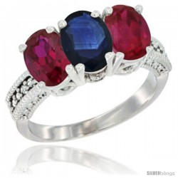 10K White Gold Natural Blue Sapphire & Ruby Sides Ring 3-Stone Oval 7x5 mm Diamond Accent