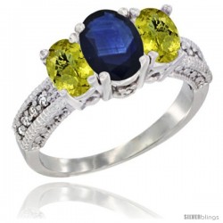 10K White Gold Ladies Oval Natural Blue Sapphire 3-Stone Ring with Lemon Quartz Sides Diamond Accent