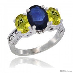 10K White Gold Ladies Natural Blue Sapphire Oval 3 Stone Ring with Lemon Quartz Sides Diamond Accent