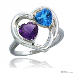 10K White Gold Heart Ring 6mm Natural Amethyst & Swiss Blue Topaz Diamond Accent