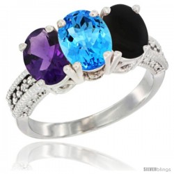 10K White Gold Natural Amethyst, Swiss Blue Topaz & Black Onyx Ring 3-Stone Oval 7x5 mm Diamond Accent