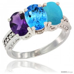 10K White Gold Natural Amethyst, Swiss Blue Topaz & Turquoise Ring 3-Stone Oval 7x5 mm Diamond Accent